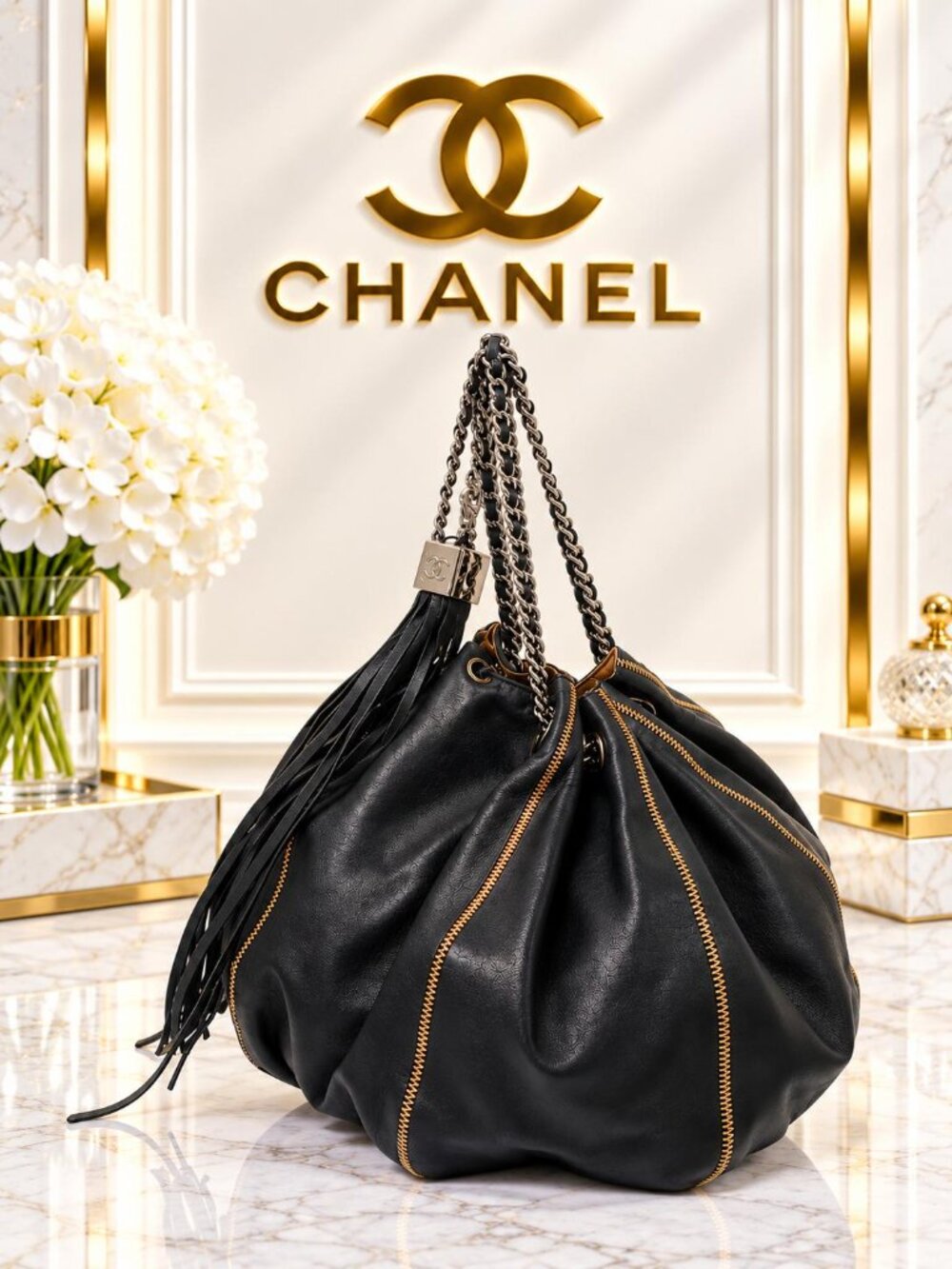 Authentic Chanel Leather Chain Shoulder Bag Fringe Tassel Slouchy Hobo Vintage